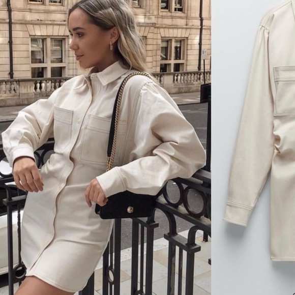 Zara | Blogger Fav Off-White Button-Up Cinched Waist Button Down Dress ~ Small - Picture 4 of 11